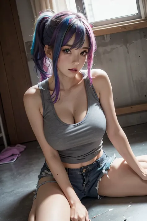 attractive 1 beautiful woman, 35 years old,rainbow color hair,open shoulder , dirty torn grey tank top and shorts ,Teenage girl, Top Quality, Amazing Anatomy,sexy ,very  big breast,hot sexy woman, sitting on the messy floor.look sad