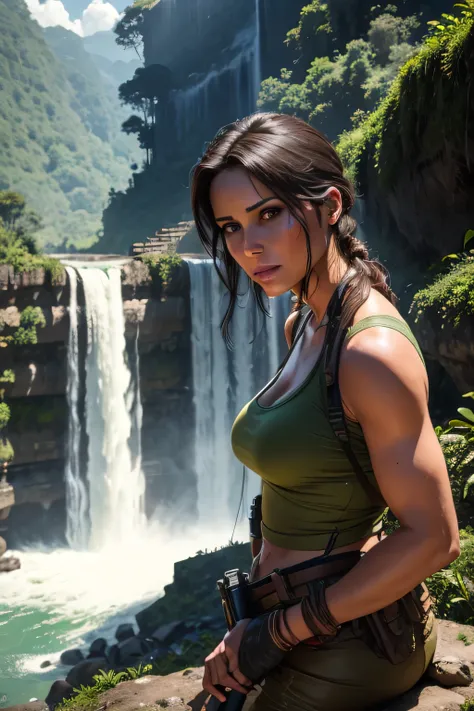 Lara Croft standing in the middle of the jungle on a view point, waterfall in the background, tropical births flying in the background, temple ruins in the background, Lara is wounded on her arm, Lara takes care of her bandages on her arm, DLSR, sharp focu...