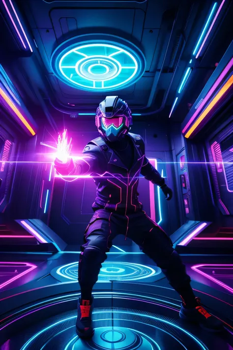 detailed dubstep album cover, 1 person, dramatic pose, vibrant neon colors, futuristic sci-fi landscape, dynamic composition, glowing energy effects, cinematic lighting, intricate digital art, highly detailed, 8K, photorealistic