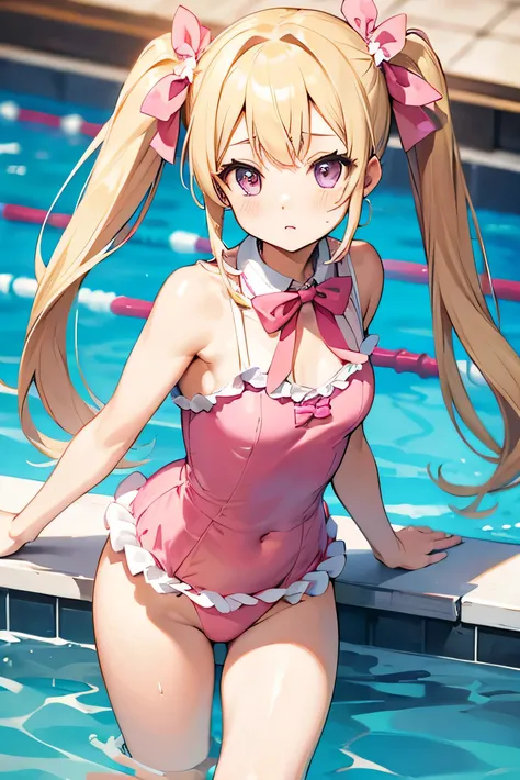 Blonde,Twin tails,Ribbon hair ornament,Pink ruffled leotard,Pool