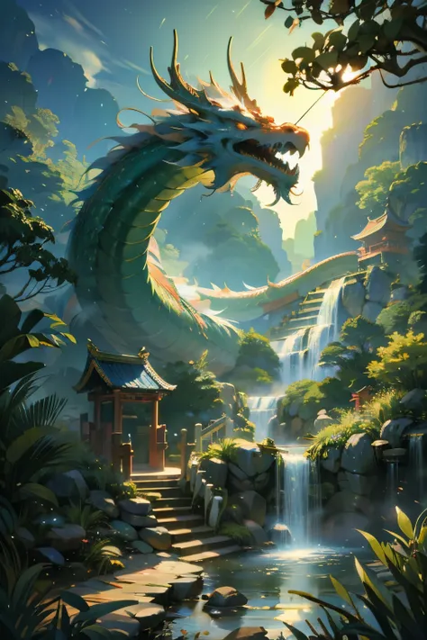 Chinese Dragon, Huge, Huge color images, white Dragon, Cheyron Masterpiece，shrine，Flying in the sky，Like a serpent，hope，Positive，beautiful，torii Waterfall training