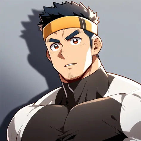 anime characters:Gyee, Muscle Sports Student, Manliness, sports headband, male focus, Cute boy with big eyes, Brown high collar long sleeve tight T-shirt, Slightly transparent material, Very tight, Round, full and perky chest muscles, Slightly transparent,...