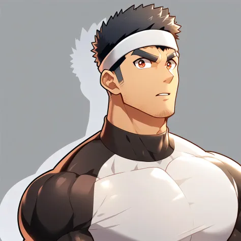 anime characters:Gyee, Muscle Sports Student, Manliness, sports headband, male focus, Cute boy with big eyes, Brown high collar long sleeve tight T-shirt, Slightly transparent material, Very tight, Round, full and perky chest muscles, Slightly transparent,...
