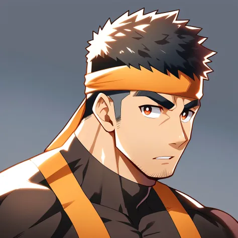 anime characters:Gyee, Muscle Sports Student, Manliness, sports headband, male focus, Cute boy with big eyes, Brown high collar long sleeve tight T-shirt, Slightly transparent material, Very tight, Round, full and perky chest muscles, Slightly transparent,...