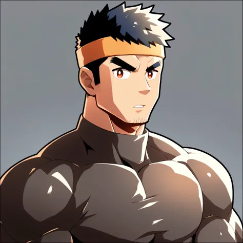 anime characters:Gyee, Muscle Sports Student, Manliness, sports headband, male focus, Cute boy with big eyes, Brown high collar long sleeve tight T-shirt, Slightly transparent material, Very tight, Round, full and perky chest muscles, Slightly transparent,...