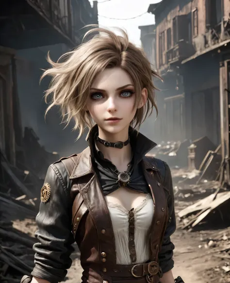 (((high resolution))), (((extremely detailed))), ((masterpiece)), dramatic shadows, depth of field, analog photo style, (world in which are collide steampunk and postapocalyptic vibes), postapocalyptic cute female in steampunk torn dirty clothes, looks lik...