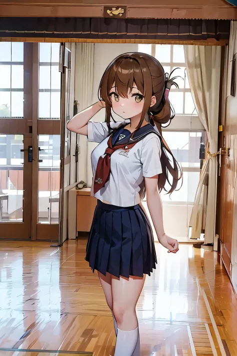 (masterpiece, best quality:1.2),illustration,8k,hd,1girl,solo,upper body,(portrait:1.2),brown_hair,folded_ponytail,brown_eyes,serafuku,long_hair,school_uniform,skirt,pleated_skirt,
