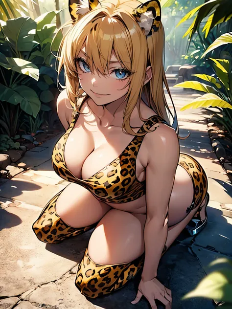 ((Seductive Anime lady:1.3, solo:1.5))、((fusion of leopard and lady:1.4))、((animal ear))、((all fours:1.2, full body))、((arched back:1.3))、((yellow color, thong1.2))、((wedgie))、((dark skin))、blonde hair、((looking up at viewer:1.2))、((from above:1.2))、((Bein...