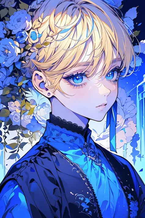 (Mastepiece), (Best Quality), Very detailed, 1 boy, Solo Shooting, Perfect Face, Beautiful Face, Very detailedな顔，(Blonde:1.3)，(short hair:1.4)、(Big eyes:1.4)，(Long eyelashes:1.4)、(Blue Eyes:1.3)、Black clothes、Lots of flowers、petal