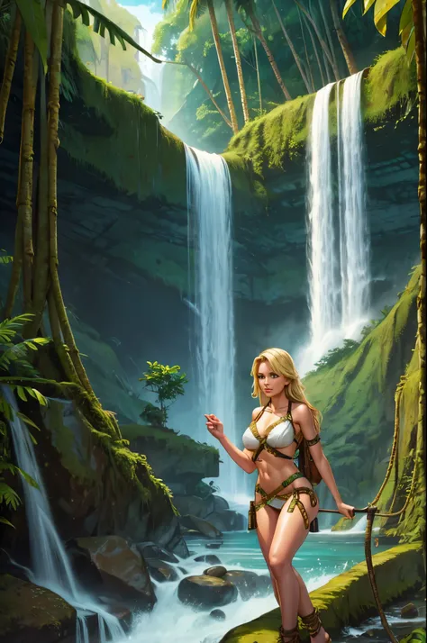 Jungle girl, straps, blonde. waterfall, adventurer