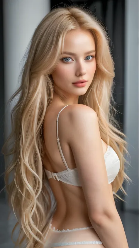 (lifelike, high quality: 1.3) , blonde woman, (gorgeous model with extra long wavy and voluminous bright ash blonde hair,), by s...