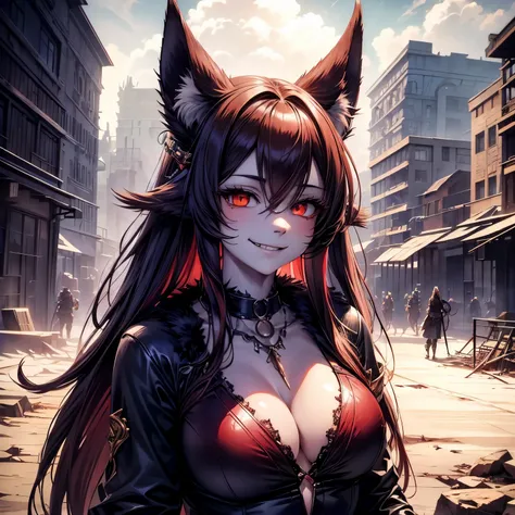 Walk in an apocalypse setting, [Best quality, shaded, extreme details, very detailed, ultra detailed, complex, realistic, perfect face], fenrir woman, thick fur, long hair, (red colored fur), almond eyes, smile discreet, serene face, wears a brooch around ...