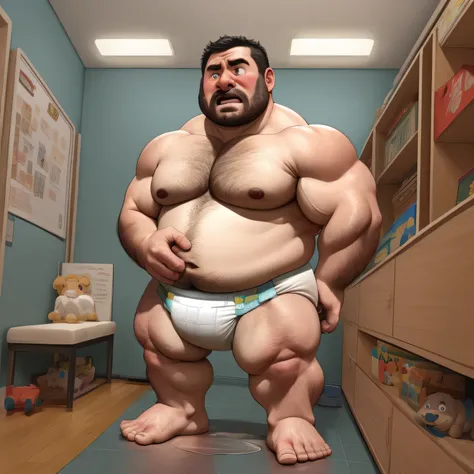 masterpiece, Top quality, in 32K, perfect anatomy, hyper detailed, super fine illustration, The thick man is a brutal prisoner, retarded, hairy, human, 50yo in japan, (fatness: 1.0), Fatty muscle, Bowleg, disappointment, incontinent, be diaper check by chi...