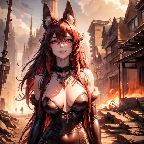 Walk in an apocalypse setting, [Best quality, shaded, extreme details, very detailed, ultra detailed, complex, realistic, perfect face], fenrir woman, thick fur, long hair, (red colored fur), almond eyes, smile discreet, serene face, wears a brooch around ...