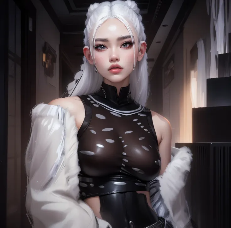 AVATAR SECOND LIFE Korean girl wearing black top, Asian, cabelo comprido branco White hair, White hair,, Perfect and detailed face, imvu, maximalist details, AVATAR SECOND LIFE Korean blusa , neon,