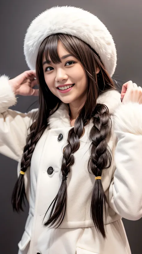 osaki amana, 1girl, hat, gloves, long hair, solo, white background, fur hat, smile, brown hair, looking at viewer, yellow eyes, simple background, fur trim, open mouth, coat, blush, winter clothes, braid, white coat, v, long sleeves, bangs, swept bangs, te...