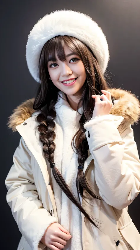 osaki amana, 1girl, hat, gloves, long hair, solo, white background, fur hat, smile, brown hair, looking at viewer, yellow eyes, simple background, fur trim, open mouth, coat, blush, winter clothes, braid, white coat, v, long sleeves, bangs, swept bangs, te...