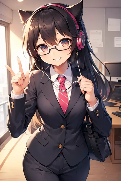 girl,Headphones,cute,Glasses,smile,Drooping eyes,business suit