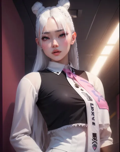 VATAR SECOND LIFE Korean girl wearing pink dress blouse, Asian, cabelo comprido branco White hair, White hair,, Perfect and detailed face, imvu, maximalist details, AVATAR SECOND LIFE Korean blusa , neon,