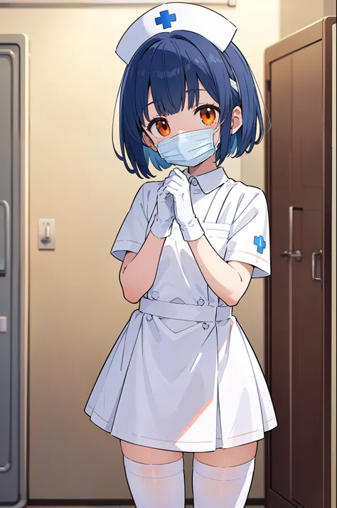 1boy, solo, male focus, nurse, white nurse cap, white nurse uniform, ((white legwear, zettai ryouiki)), white gloves, bobcut, blue hair, orange eyes, ((white surgical mask, covered nose)), standing, ((hospital room)), sharp outline, short sleeves, shota, 1...