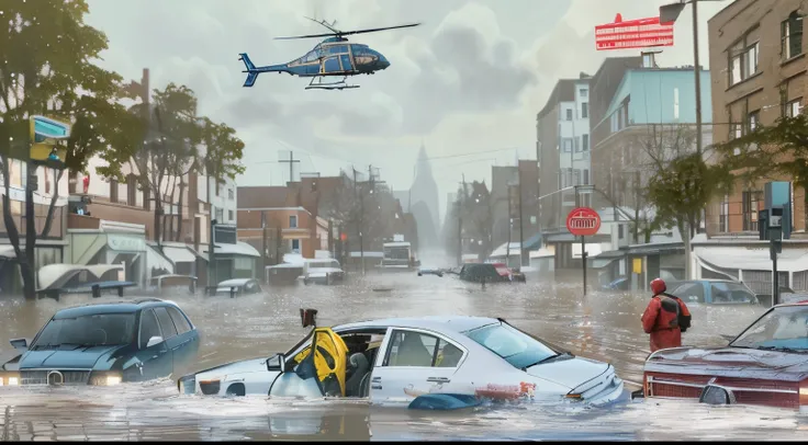 cars are submerged in a flooded street with a helicopter flying overhead, flooded city, flood water painting, Pulitzer Prize-winning photo, flooded, floating cars, tempestade de furacões do APocalipse, Disaster photography, truly realistic image, photograp...