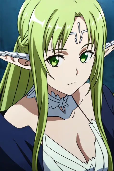 Masterpiece, beat quality, ((anime art style)), elf Girl, light green hair, pointed ears, jade eye, (NPC_freyja), big chest, white clothes with gold details, white wand in hand, skin as white as powdery snow. His disguise had long flowing, deep brown-gold/...