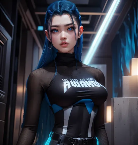 VATAR SECOND LIFE Korean girl wearing black top, Asian, long hair blue, hair blue, hair blue,, Perfect and detailed face, imvu, maximalist details, AVATAR SECOND LIFE Korean blusa , neon,