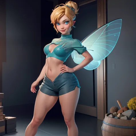 (TinkerWaifu:1), smile, sexy pose, cute, looking at the viewer, thick thighs, single bun, short hair, (short dolphin shorts:1), (fairy wings), standing, (focus on breasts:1.2), from above, (realistic: 1.2), (realism), (masterpiece: 1.2), (best quality), (u...