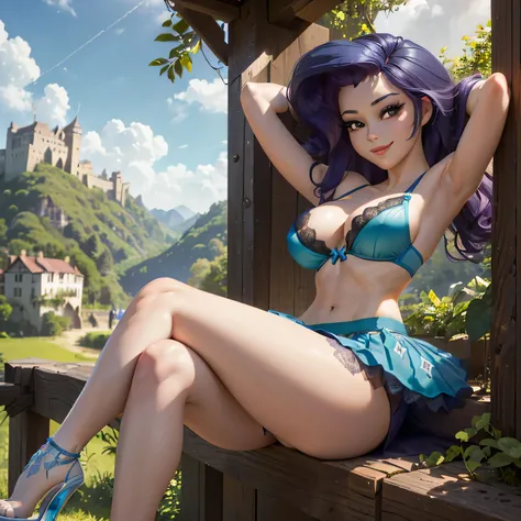 (((beautiful female body))),(((rarity as a sweet charming hot seductive horny model))) ,(((sit on the fences of castle bridge crossed legs)))), (((outdoor))),(((jungle in background))),(((lewd and erotic posing))), (((happy wicked smile))) ,(((wear light b...