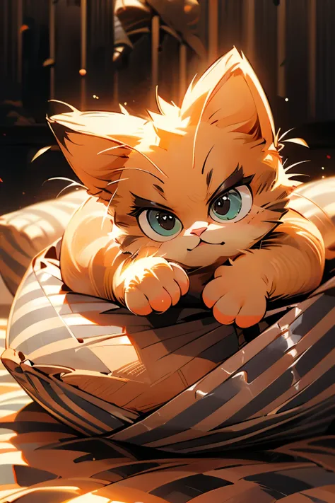 garfield cartoon, cute orange tabby persian kitten sitting in bed, (black stripes:1.5), huge eyes