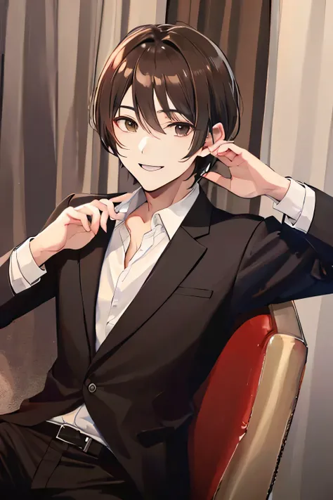 ((Highest quality)), ((masterpiece)), Dark brown hair　male　short hair　suit　　smile