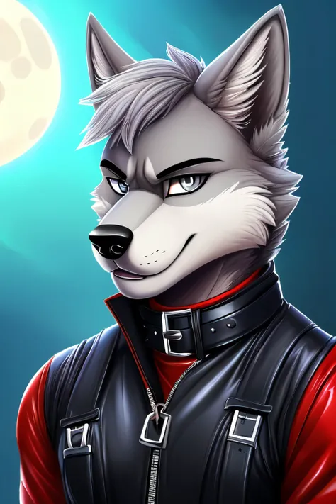 ((Лучшее качество)), ((шедевр)), (подробный), Furry, male, wolf, grey colour, looking at viewer, yiff, leather BDSM coveralls, leather collar, grey eyes, horny look, leather collar, 