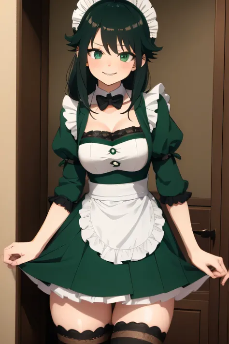 Izuku midoriya female version with short wild dark green hair, smiling a little blushing, dressed as a somewhat sexy maid, in a back room 