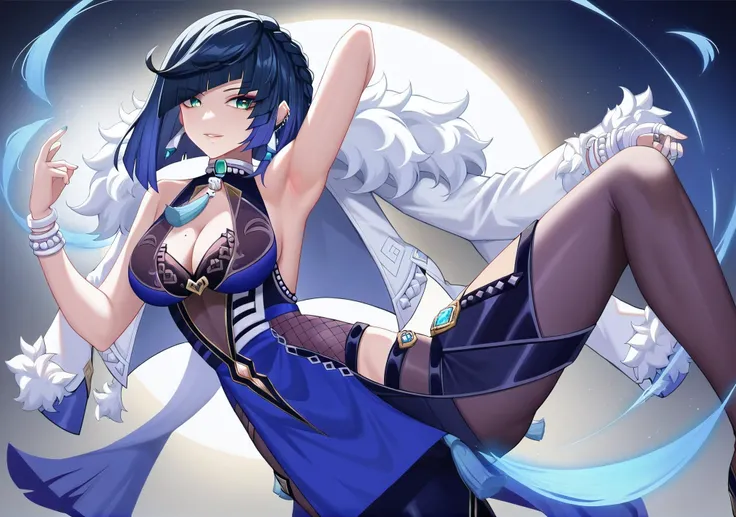 (masterpiece, top quality, high quality:1.1), (8K wallpaper unified with high definition CG), (perfect proportions, beautiful body:1.1), (1girl, solo:1.3), (yelan, yelan from genshin impact:1.3), (blue hair, short hair, green eyes, bright pupils, detailed ...