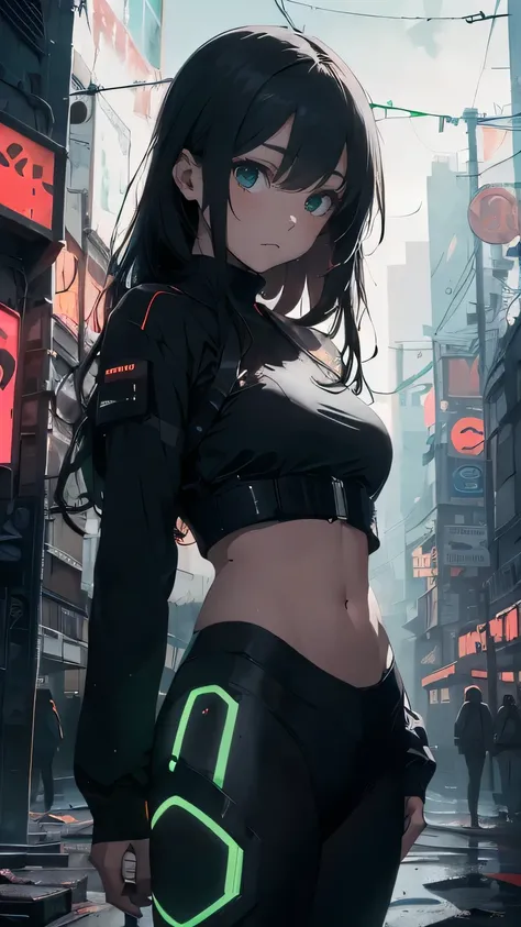 Cyberpunk cityscape, young woman with long black hair wearing an emerald green powered exosuit, standing in a contemplative pose amidst the neon-lit ruins, textured digital art with muted tones and subtle ambient noise, detailed and intricate illustration,...