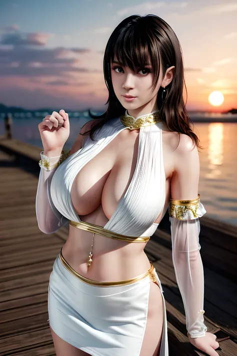 1 girl,At sunset, the warm sunlight adds a golden hue to the scene. Wearing a flowing (white dress with transparent sleeves and a cinched waist: 1.4), blown by the breeze, and wearing earrings, she stands on the dock and looks at the sunset in the distance...