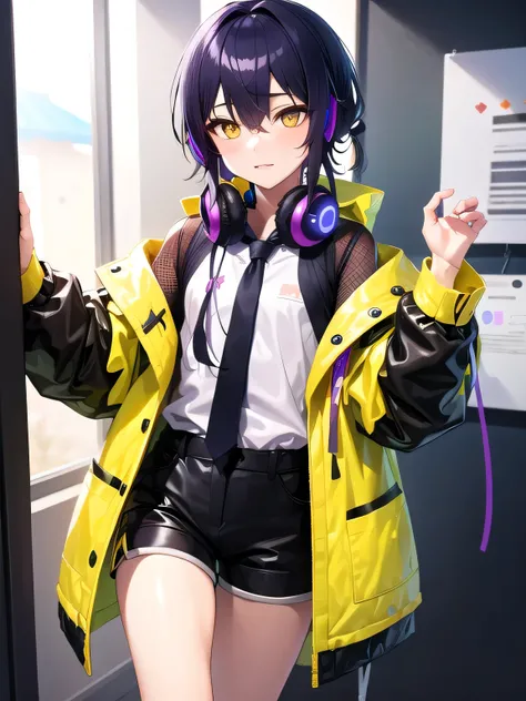 ((Highest quality)), ((masterpiece)), (detailed),  (High resolution),（high resolution）Cute androgynous boy、Black Hair、Purple mesh、A style with purple bangs hanging down between the eyes.、Half-up yellow eyes、Black coat、shirt、Shorts、Headphones in ears、Tie yo...