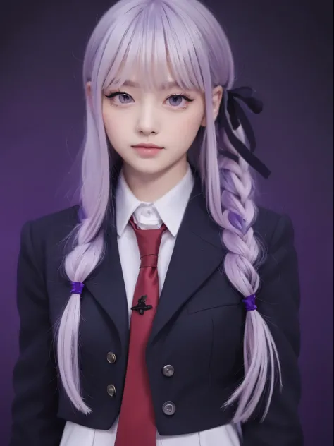 (Best Quality, masutepiece:1.2), 1 girl, 20 years old, Solo, white hair,Eyes with beautiful details,(school uniform),The upper part of the body,Bangs,ear, dark purple jacket, red tie, long hair, blush, look at viewer,