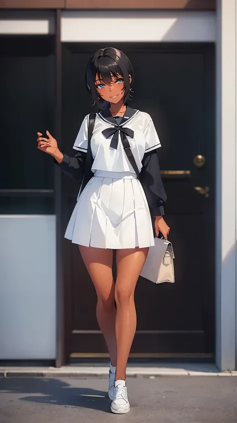 masterpiece, best quality, 1girl, (((teen girl))), ((dark-skinned female)), smile, looking at viewer, detailed eyes, ((short hair)), (((black hair))), blue eyes, ((black and white school uniform)), ((happy)), ((walking)), cute, ((streets)), ((bag)), ((vivi...