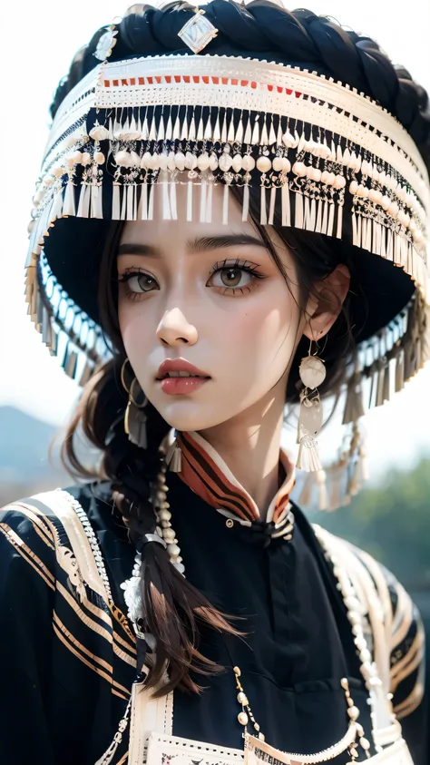 (good structure),high dynamic range,ultra high definition,8k,1girl,Chinese Yi ethnic clothing,Silver metal headwear, brown eyes, earrings, hat, jewelry,Yi ethnic metal jewelry,A huge metal hat,Headwear metal tassels,Silver metal hat, lace, lace trim, lips,...