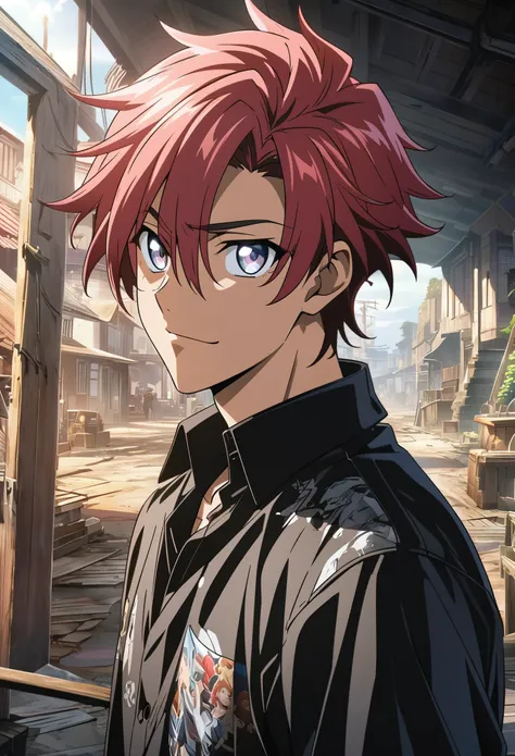 A man with pink and red hair and black clothes, Handsome face, White eyes, Highly detailed young anime, 4K Manga Wallpaper, Anime Shōnen, Detailed Anime Character Art.