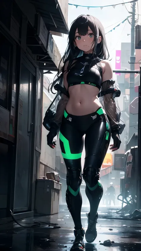 Provocative Gaze、Discovered、Low - Angle、 Cold Eyes、Cinematic angles、optical fiber、Connected Cord、See-through parts、Cyberpunk cityscape, young woman with long black hair wearing an emerald green powered exosuit, standing in a contemplative pose amidst the n...