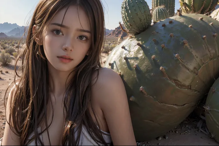 ((Top quality)), ((Excellent)), 32k resolution, realistic photo, level of completion of difficulty S. ((Very beautiful)), one girl, messy hair, realistic skin texture, rugged desert, cactus, feminine pose, divine angle, beyond imagination.