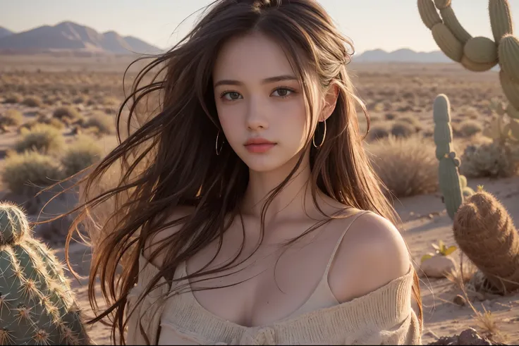 ((Top quality)), ((Excellent)), 32k resolution, realistic photo, level of completion of difficulty S. ((Very beautiful)), one girl, messy hair, realistic skin texture, rugged desert, cactus, feminine pose, divine angle, beyond imagination.