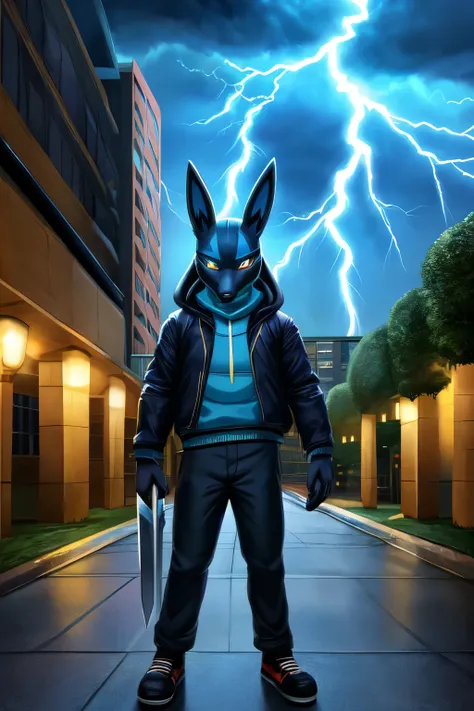 ((best quality)), ((masterpiece)), (detailed), 1boy, sad, anubis, god anubis, lucario, pokemon, jacket, pants, shoes, holding two swords, lightning, thunder, storm, hotel, blue glowing eyes, furry, kemono