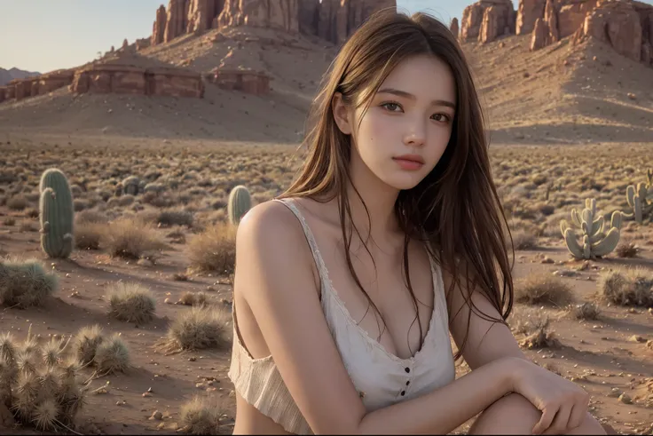 ((Top quality)), ((Excellent)), 32k resolution, realistic photo, level of completion of difficulty S. ((Very beautiful)), one girl, messy hair, realistic skin texture, rugged desert, cactus, feminine pose, divine angle, beyond imagination.