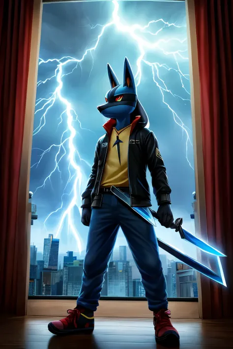 ((best quality)), ((masterpiece)), (detailed), 1boy, sad, anubis, god anubis, lucario, pokemon, jacket, pants, shoes, holding two swords, two swords, lightning, thunder, storm, hotel, blue glowing red eyes, furry, kemono