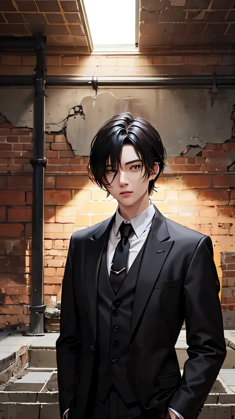 He is a cool guy with a black suit and yellow tie, his hair is modern and model-like, with a cool cartoon look. The room is a brick wall with no windows. It is dark like a prison. The background is a brick wall with only the models face illuminated by a li...