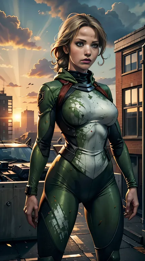 Jennifer Lawrence in special power suit, natural breast, high resolution, realist art, fighting zombies, 1 mature female, 1 milf, standing alone, on the roof, green blood splatter, serious face, closed mouth ray tracing, perfect lighting, perfect  detail,