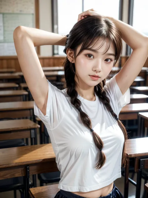 （masterpiece，Best quality，high quality，high risk，Ultra Detailed）,8K，masterpiece，RAW photos，best quality，Reality, intricate detail face，1 Girl，Korean，Detailed fabric texture，student、School，classroom，18 years old，Upper Body，（Short-sleeved shirt、Show your arm...